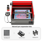 Image of a Creality Falcon2 Pro 40W Enclosed Laser Engraver and Cutter Bundle, featuring its durable aluminum build. Includes Honeycomb Workbench, Rotary Roller, four Raisers. The background has an engraved pink design. Class 1 Safety features ensure peace of mind with pro expansion kits below.