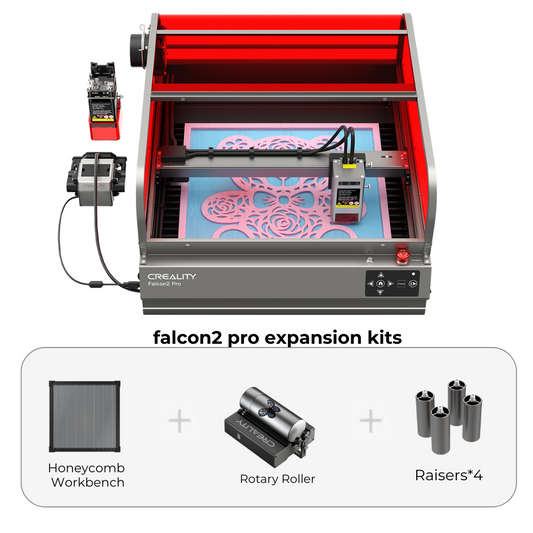 Image of a Creality Falcon2 Pro 40W Enclosed Laser Engraver and Cutter Bundle, featuring its durable aluminum build. Includes Honeycomb Workbench, Rotary Roller, four Raisers. The background has an engraved pink design. Class 1 Safety features ensure peace of mind with pro expansion kits below. 1000