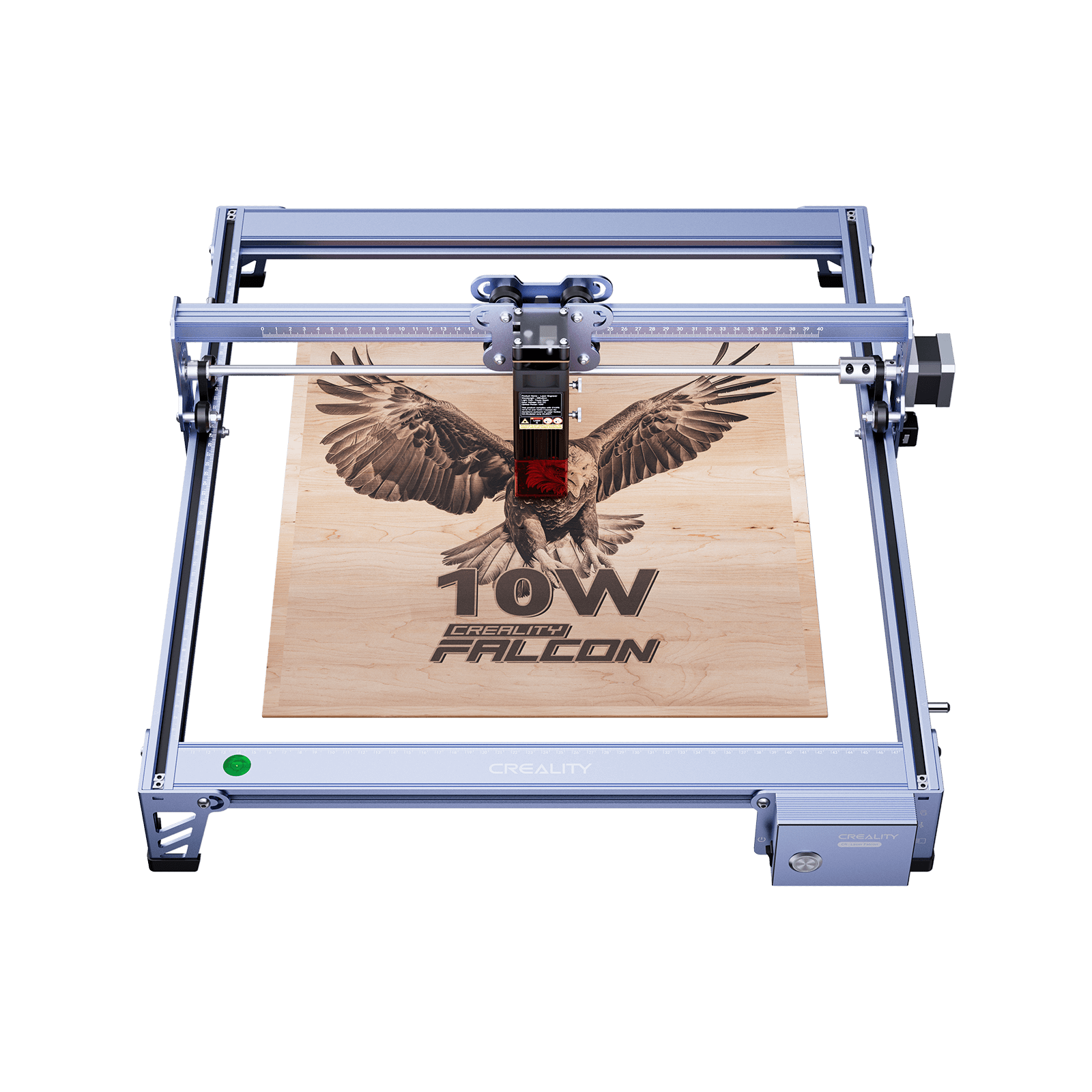 The Creality Falcon CR 10W Diode Laser Engraver, featuring advanced safety features, etches a flying falcon image and "10W Falcon" text onto a wooden board, viewed from above.