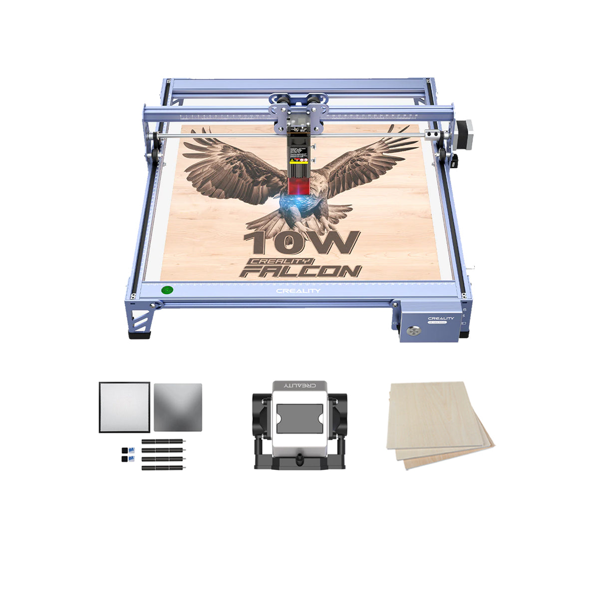 The Creality Falcon CR 10W Diode Laser Engraver etches a detailed falcon on wood with high precision. Displayed below are included accessories: metal sheets, safety glasses, wooden sheets, and a rotary attachment. The Creality Falcon CR 10W Diode Laser Engraver etches a detailed falcon on wood with high precision. Displayed below are included accessories: metal sheets, safety glasses, wooden sheets, and a rotary attachment.