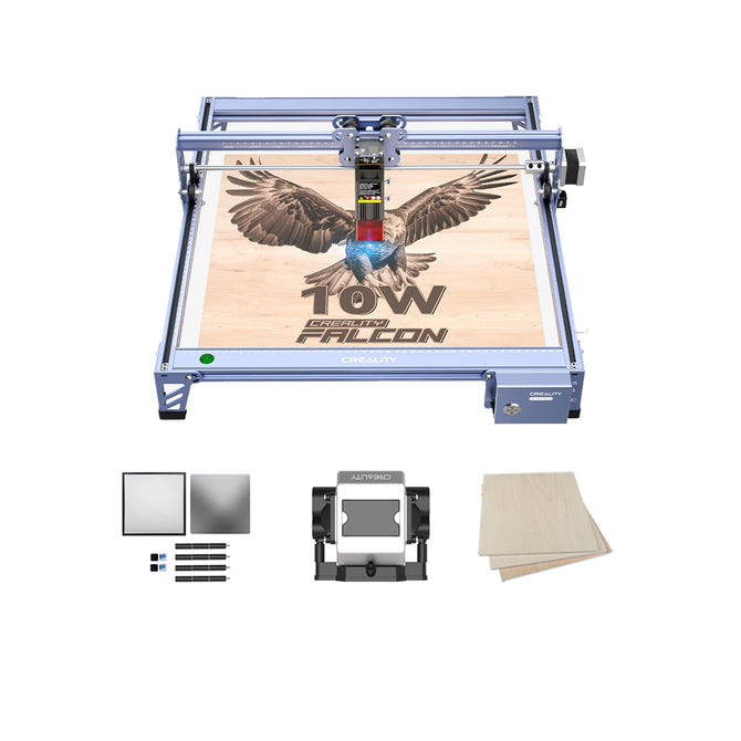 The Creality Falcon CR 10W Diode Laser Engraver etches a detailed falcon on wood with high precision. Displayed below are included accessories: metal sheets, safety glasses, wooden sheets, and a rotary attachment. The Creality Falcon CR 10W Diode Laser Engraver etches a detailed falcon on wood with high precision. Displayed below are included accessories: metal sheets, safety glasses, wooden sheets, and a rotary attachment.