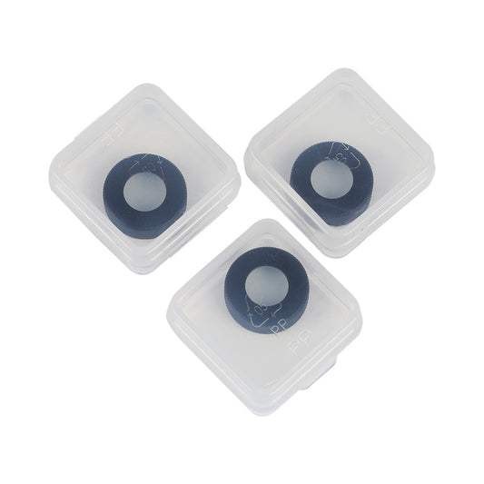 Three transparent plastic containers, each holding a dark blue, circular object with a central white spot. The containers are arranged in a triangular formation, with two at the top and one at the bottom. The setup showcases the precision capability of CR-Laser Falcon Replace Protective Lens by CrealityFalcon. 1000