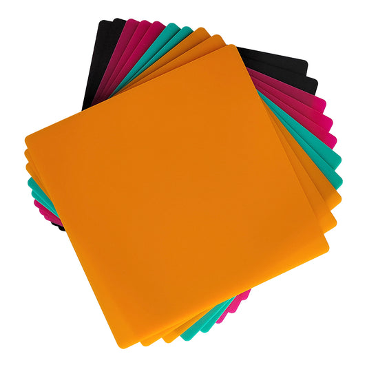 The Creality Falcon Bundle Walnut Plywood and Colorful Acrylic Sheets for Laser Engraving and Cutting Mega Pack (36pcs) features frosted orange, teal, pink, and black acrylic sheets arranged in a fanned-out pattern on a white background. 1000