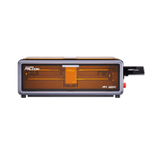 Front view of the Creality Falcon A1 Pro 20W Dual-laser Engraver, a rectangular machine with a transparent orange cover, visible internal parts, and a USB stick inserted on the right side.