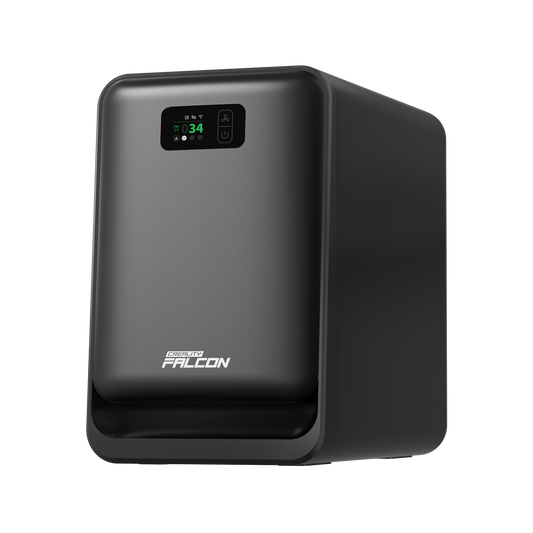 A sleek, black Falcon AP1 Smoke Purifier by Creality Falcon features a digital display and control buttons on the front, with "FALCON" labeled near the bottom, set against a plain white background.