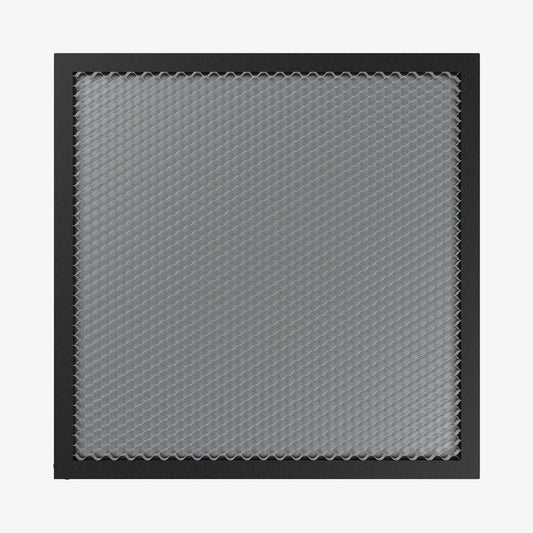 A close-up of the CrealityFalcon 235x235 Honeycomb Workbench, featuring a black frame and metallic honeycomb mesh screen for efficient heat dissipation and protection during 3D printing. 1000