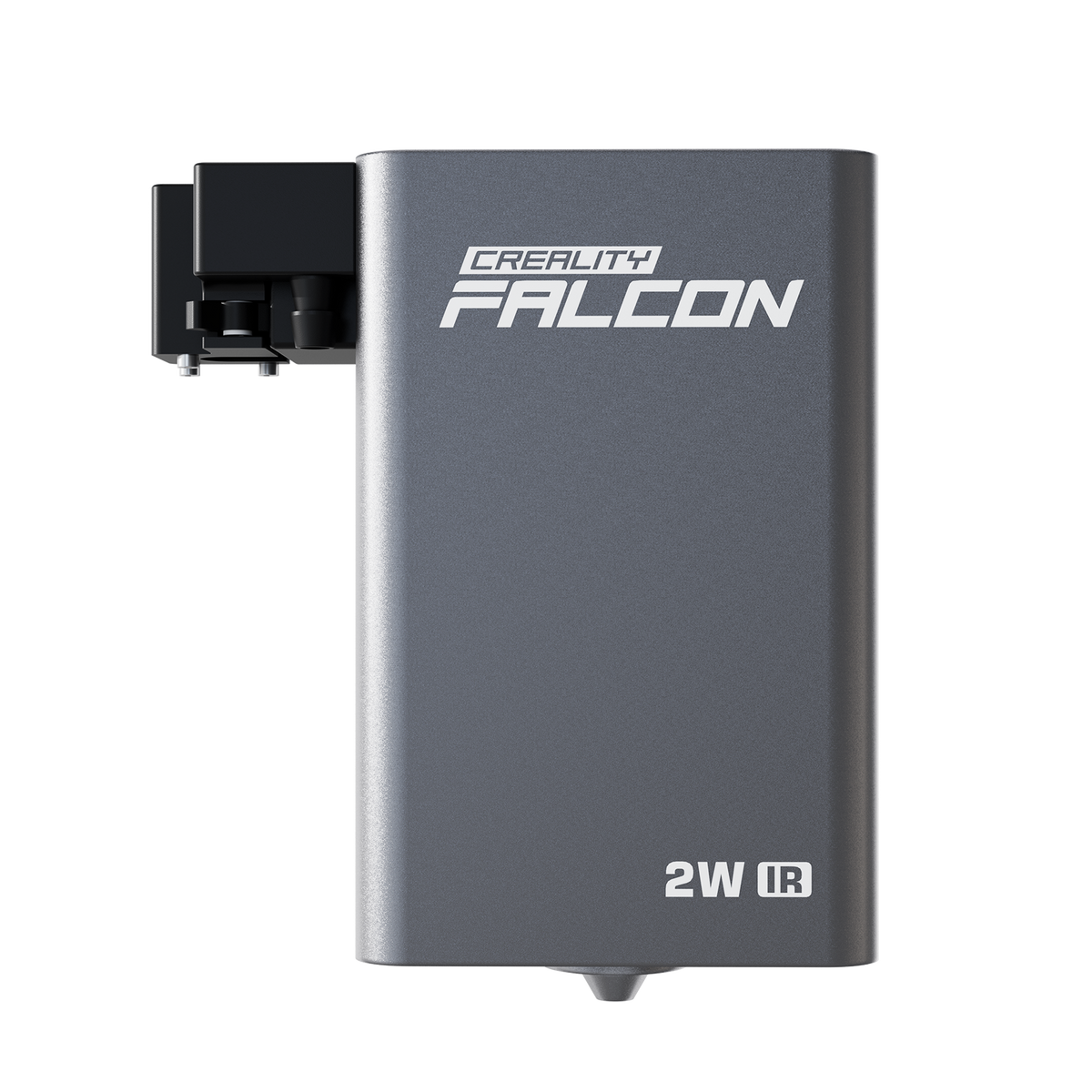 A metallic rectangular Creality Falcon 2W Infrared Laser Module with a black attachment on the top left, set against a plain white background.