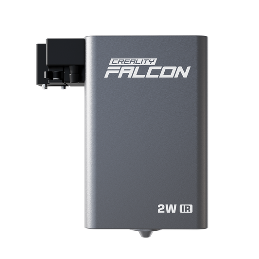 A metallic rectangular Creality Falcon 2W Infrared Laser Module with a black attachment on the top left, set against a plain white background. 1600