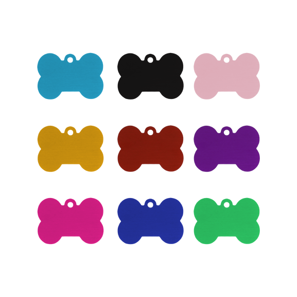Nine Creality Falcon Aluminum Dog Tags, bone-shaped and anodized in blue, black, pink, yellow, red, purple, magenta, royal blue, and green, are displayed in a 3x3 grid on a white background.