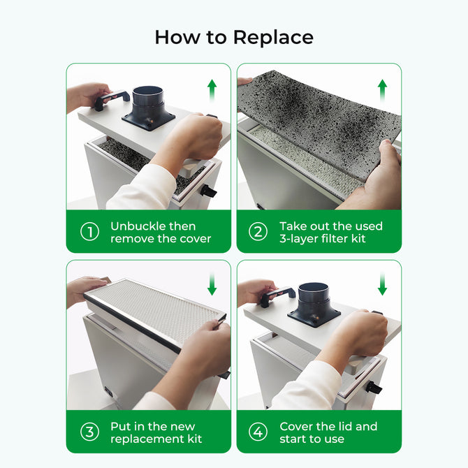 Use this four-step guide to replace the air filter in your Creality Falcon Filter Replacement for Smoke Purifier: 1. Unbuckle and remove the cover. 2. Take out the used filter. 3. Insert a compatible new filter. 4. Cover and secure the lid for optimal performance. Use this four-step guide to replace the air filter in your Creality Falcon Filter Replacement for Smoke Purifier: 1. Unbuckle and remove the cover. 2. Take out the used filter. 3. Insert a compatible new filter. 4. Cover and secure the lid for optimal performance.
