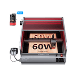 The Creality Falcon Falcon2 Pro 60W Enclosed Diode Laser Engraver, with a red cover, engraves "60W" on wood, shows a "Free Test Kit" in the corner, features a positioning camera for precision, and meets FDA Class 1 safety standards.