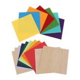 The Creality Falcon Laser Material Package displays two sets of square sheets: vividly colored felt on top, and colored paper, Kraft Paper, and two light basswood veneer sheets below—all arranged in overlapping fan shapes.