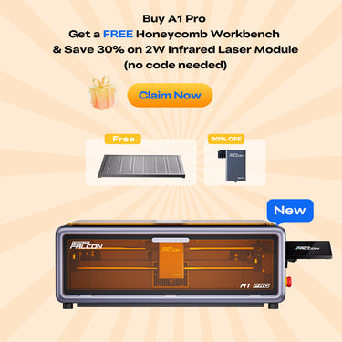 Promotional image for Creality Falcon Laser's Test product variant with a free honeycomb workbench and 30% off a 2W infrared laser module—ideal for sapiente praesentium users. Features "Claim Now" button and product images.