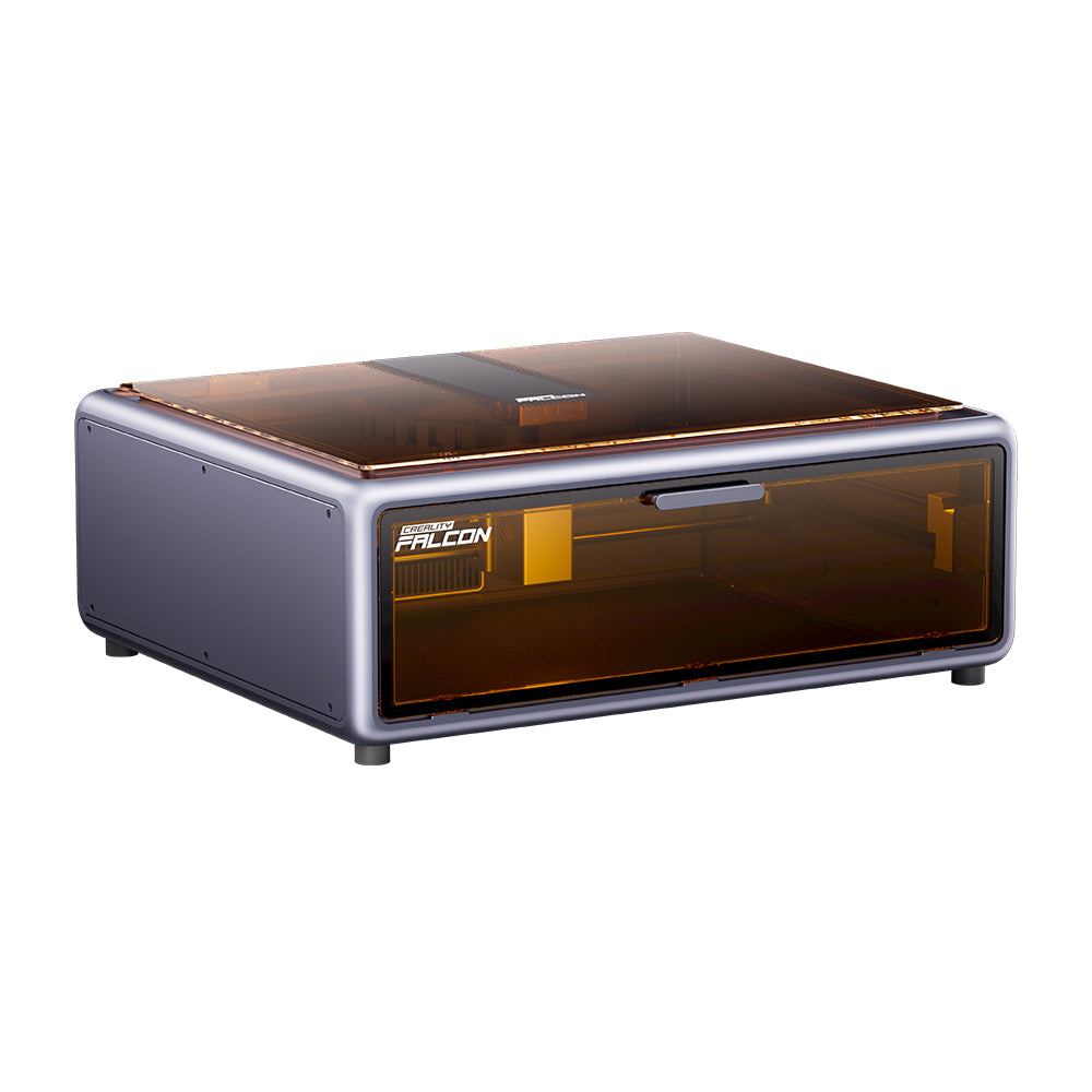 The Creality Falcon Falcon A1 10W Enclosed Diode Laser Engraver features a compact, rectangular design with a transparent amber lid and gray body, fitting any workspace and offering auto materials recognition for seamless use. The Creality Falcon Falcon A1 10W Enclosed Diode Laser Engraver features a compact, rectangular design with a transparent amber lid and gray body, fitting any workspace and offering auto materials recognition for seamless use.