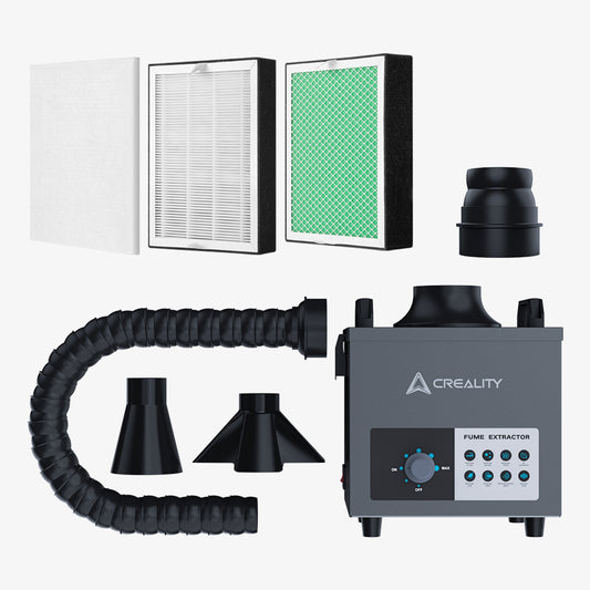 The Creality Falcon Air Purifier for 10W Engraving Machines features HEPA filters, a main unit with control panel, low noise operation, adjustable hose, three nozzle attachments, and three filter designs. It's displayed against a plain background. 1000