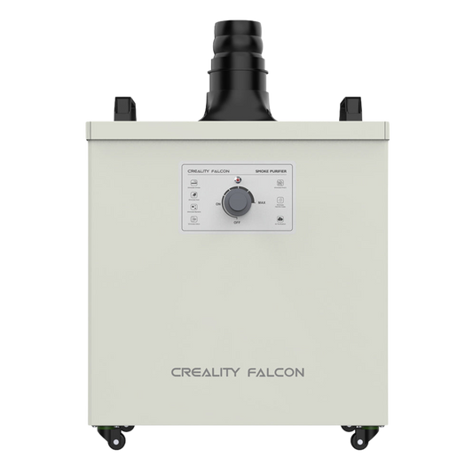 Front view of the Creality Falcon Smoke Purifier by Creality Falcon, designed for indoor use with a control panel, central dial, indicator lights, and large exhaust port to filter smoke and dust. The white unit features small wheels on the bottom corners. 1600