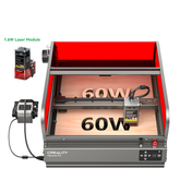 3D rendering of the Creality Falcon Falcon2 Pro 60W Enclosed Laser Engraver and Cutter, featuring a 1.6W intelligent laser with a red protective cover. It includes a side control box for precision work, labeled "60W" with adjustable three-level beam settings.
