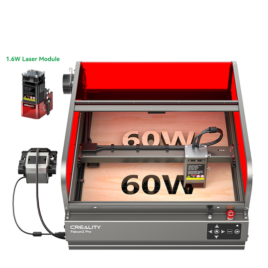 3D rendering of the Creality Falcon Falcon2 Pro 60W Enclosed Laser Engraver and Cutter, featuring a 1.6W intelligent laser with a red protective cover. It includes a side control box for precision work, labeled "60W" with adjustable three-level beam settings.