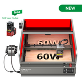A 3D printer with a red enclosure labeled Creality Falcon is featured, showcasing the high-precision laser engraving capabilities of the Falcon2 Pro 40W and 22W Enclosed Laser Engraver and Cutter. Adjacent to it, a complimentary 1.6W laser module suggests an included accessory, designed to meet Class 1 Safety standards.