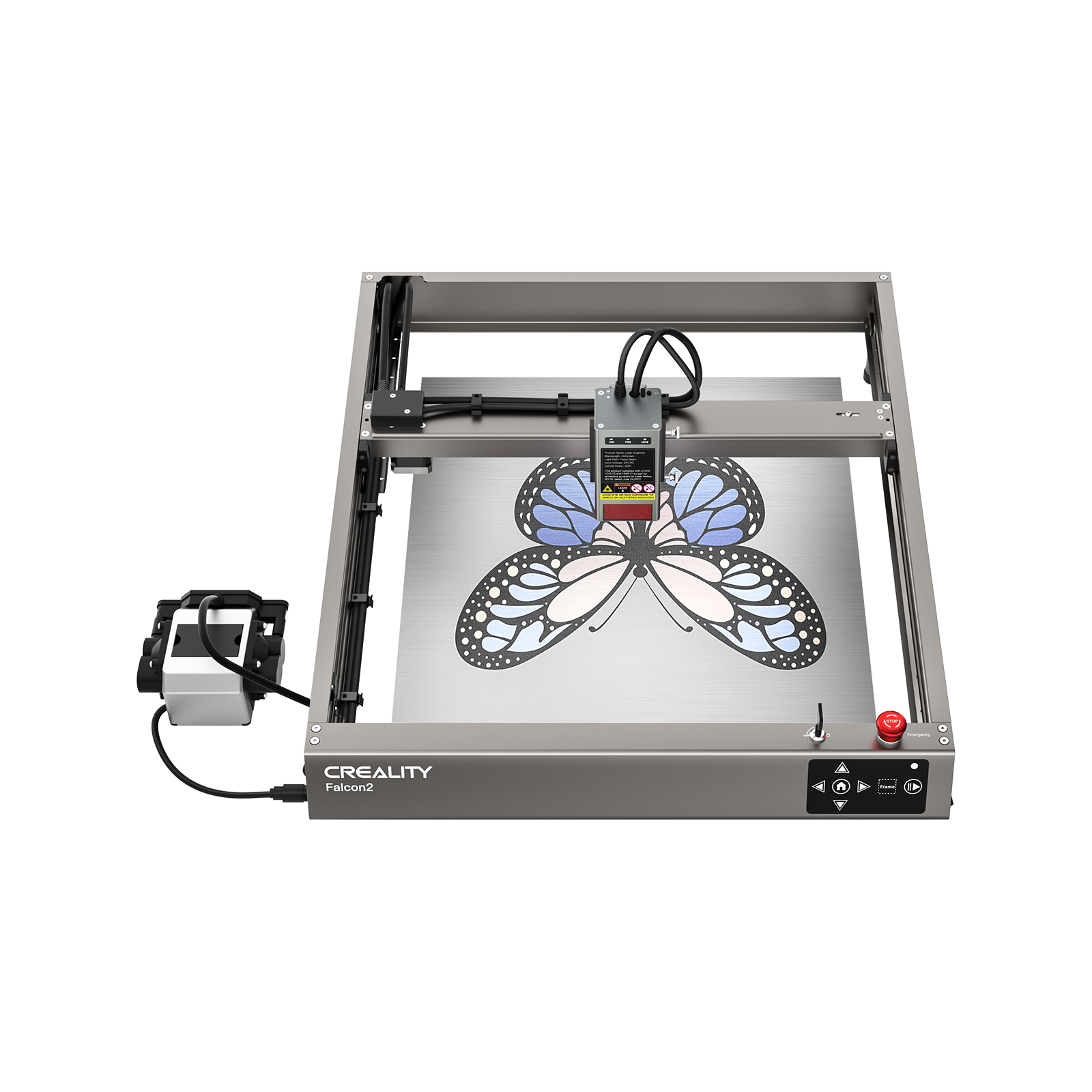 A top view of the Creality Falcon Falcon2 22W Diode Laser Engraver etching a blue and black butterfly design onto metal, highlighting its powerful cutting performance and vivid color engraving abilities.