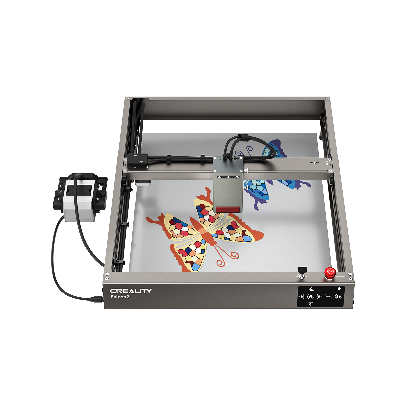 A Creality Falcon Falcon2 40W Diode Laser Engraver with an anodized aluminum alloy frame engraves colorful butterfly designs on a flat surface, its head positioned above the artwork.
