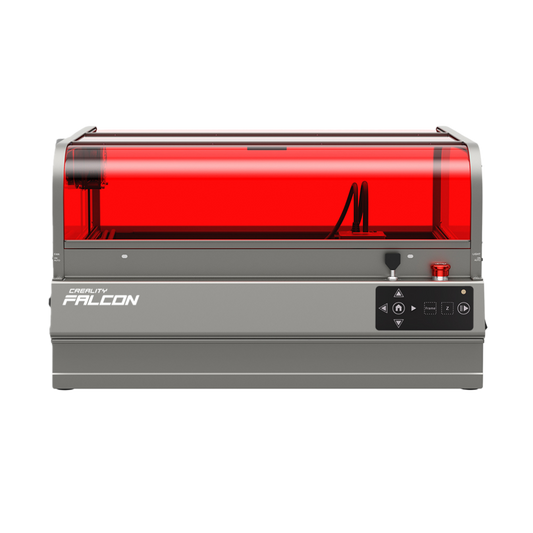 A front view of the Creality Falcon Falcon2 Pro S 40W Enclosed Diode Laser Engraver in gray, featuring a transparent red cover, display panel, and control buttons on the lower right side. 1000
