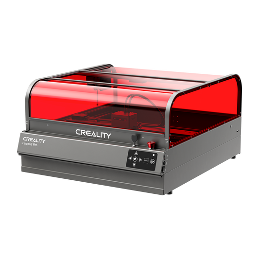 The Creality Falcon Falcon2 Pro 40W and 22W Enclosed Laser Engraver and Cutter features a sturdy aluminum build, red protective cover, front control panel, FDA Class 1 safety, plus a free test kit.