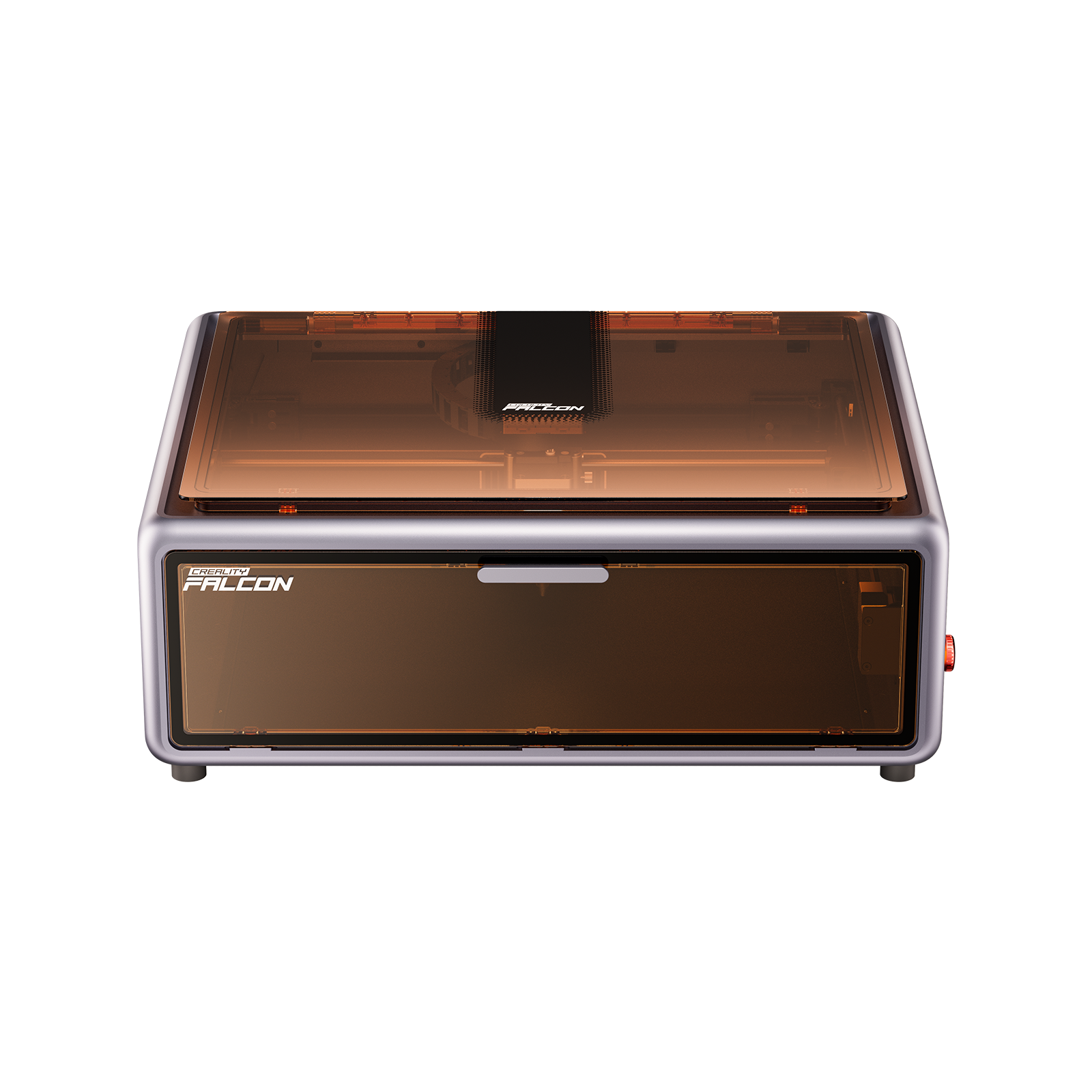 The Creality Falcon A1 10W Enclosed Diode Laser Engraver features Auto Materials Recognition, a transparent amber lid, and a control button on the right. Its compact design fits any space and "Falcon" is labeled on the front panel.
