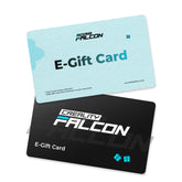 Two CrealityFalcon Gift Cards are shown—one is light blue with "$25" and "E-Gift Card," the other is black with the CrealityFalcon logo and "E-Gift Card," both featuring blue gift icons.