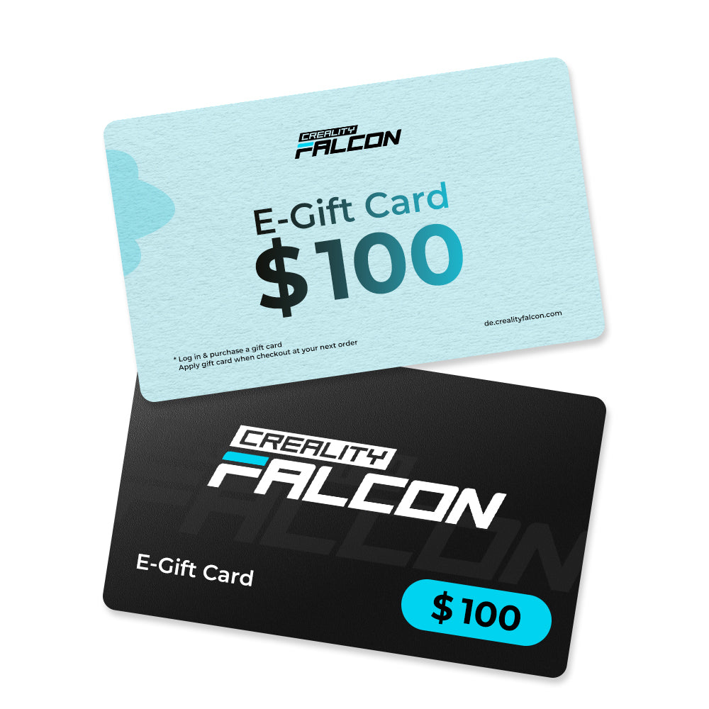 Two Creality Falcon Gift Cards ($100 each); one light blue with black text, the other black with white text. Both display the Creality Falcon logo and "$100." Enjoy an auto-applied discount at checkout when redeeming.