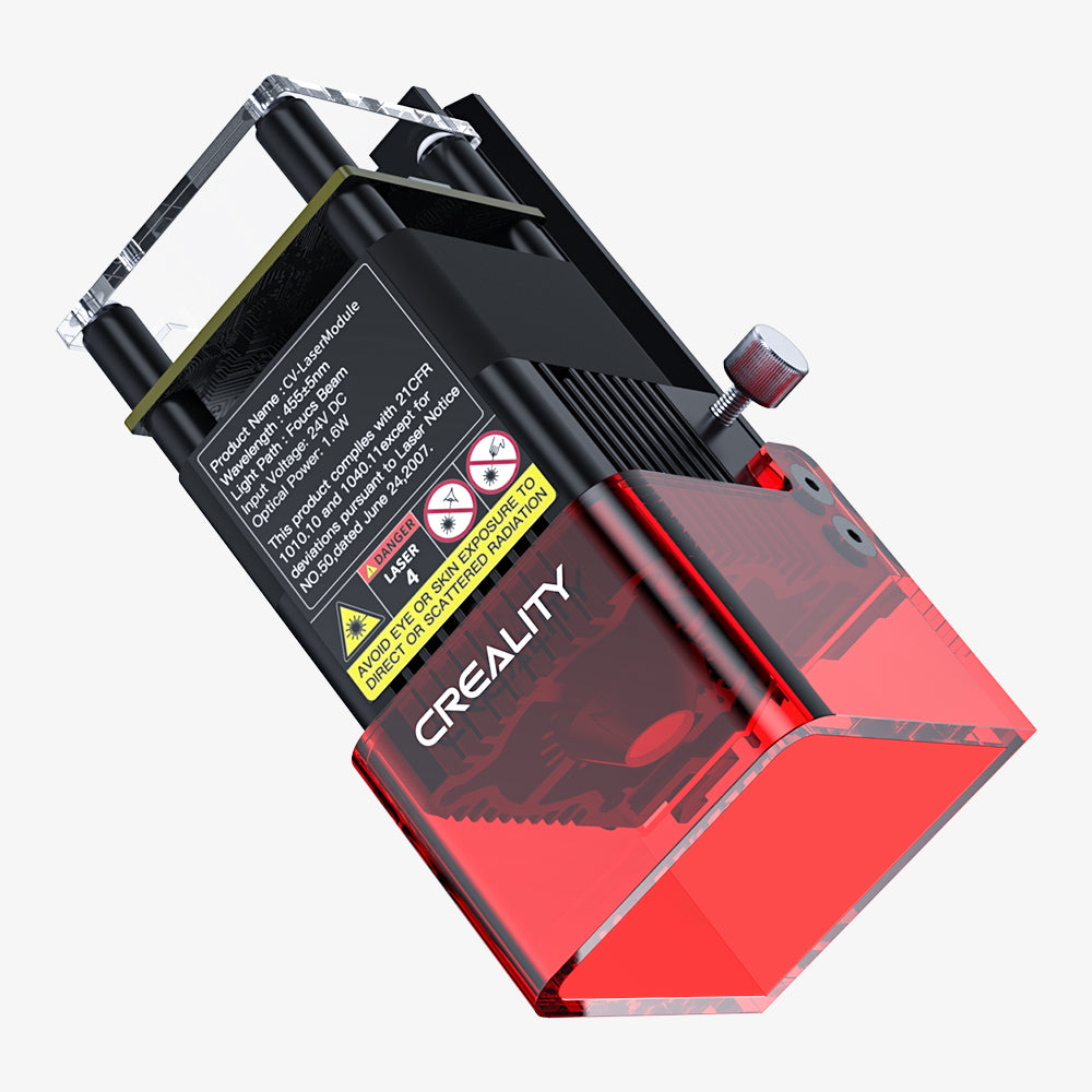 The "Creality Falcon" Laser Module 1.6W for More Detail Projects boasts a red and black design with safety warnings and specifications, visible screws, and a clear top cover. It's designed for Falcon Safe use and ensures compatibility with various machines. The "Creality Falcon" Laser Module 1.6W for More Detail Projects boasts a red and black design with safety warnings and specifications, visible screws, and a clear top cover. It's designed for Falcon Safe use and ensures compatibility with various machines.