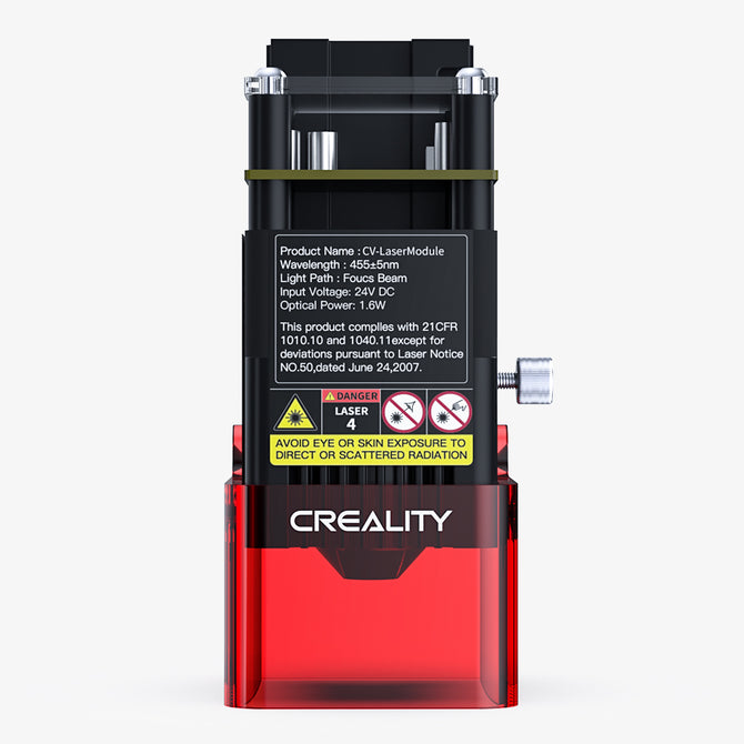Image of a Creality Falcon Laser Module 1.6W for More Detail Projects with specs: wavelength (455±5nm), input voltage (24V DC), and optical power (1.6W). Features a black design with red protective casing, ideal for compatible machines. Image of a Creality Falcon Laser Module 1.6W for More Detail Projects with specs: wavelength (455±5nm), input voltage (24V DC), and optical power (1.6W). Features a black design with red protective casing, ideal for compatible machines.