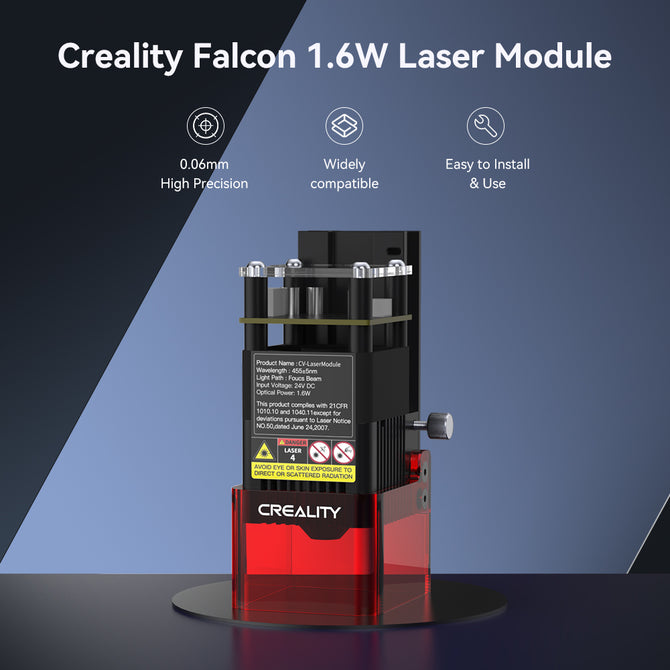 The image features the Creality Falcon Laser Module 1.6W for More Detail Projects on a platform. Offering 0.06mm precision, wide machine compatibility, and easy installation, it showcases a sleek black and red design with Falcon Safe labels for enhanced user protection. The image features the Creality Falcon Laser Module 1.6W for More Detail Projects on a platform. Offering 0.06mm precision, wide machine compatibility, and easy installation, it showcases a sleek black and red design with Falcon Safe labels for enhanced user protection.