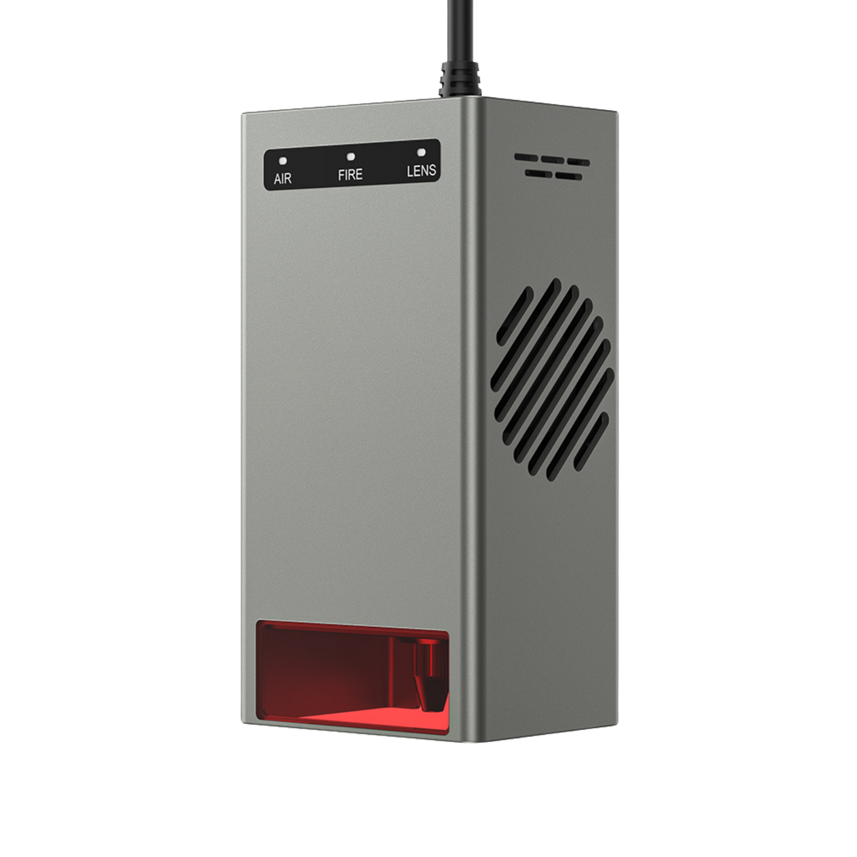 The Creality Falcon Laser Module 40W for Falcon2 Laser Engravers features a metallic rectangular build, vented side, "AIR," "FIRE," and "LENS" buttons, red transparent bottom front, and is suspended by a black cable for ultra-fast engraving.