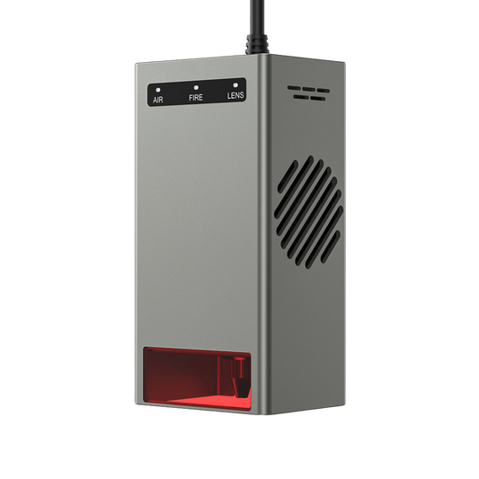 The Creality Falcon Laser Module 40W for Falcon2 Laser Engravers features a metallic rectangular build, vented side, "AIR," "FIRE," and "LENS" buttons, red transparent bottom front, and is suspended by a black cable for ultra-fast engraving.