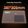 A graphic shows two rectangles: a large 381 x 305 mm "200%" area for the Creality Falcon A1 10W Enclosed Diode Laser Engraver and a smaller 150 x 150 mm "Others" area. Text reads: "Create Big, Create More. Compact to Fit Any Space. A graphic shows two rectangles: a large 381 x 305 mm "200%" area for the Creality Falcon A1 10W Enclosed Diode Laser Engraver and a smaller 150 x 150 mm "Others" area. Text reads: "Create Big, Create More. Compact to Fit Any Space.