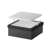 A black rectangular box with a removable white lid, featuring a grid-like surface and two pull tabs, shows the Creality Falcon Replacement Filter for Falcon A1 Air Purifier.