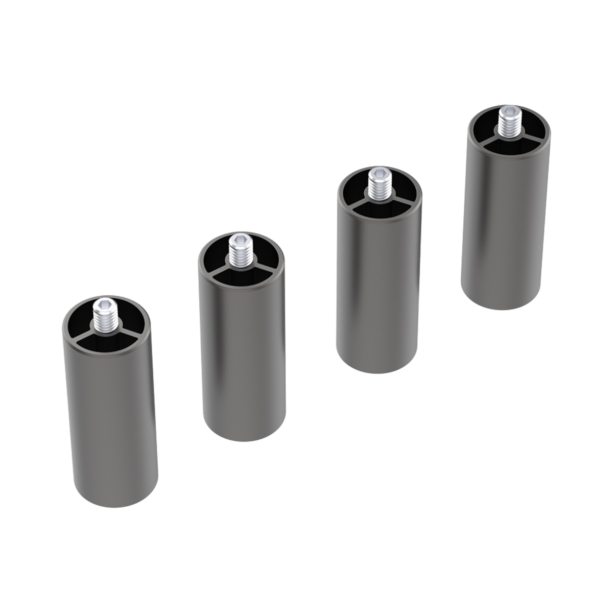 Four Creality Falcon Risers for Falcon2 & Falcon2 Pro Series Laser Engraving (Pack of 4pcs) are arranged diagonally on a white background, each featuring a cylindrical shape with threaded studs on top.