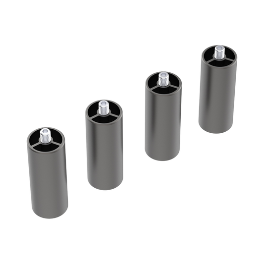 Four Creality Falcon Risers for Falcon2 & Falcon2 Pro Series Laser Engraving (Pack of 4pcs) are arranged diagonally on a white background, each featuring a cylindrical shape with threaded studs on top. 1600