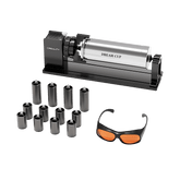 The Rotary Kit Pro Package for Creality Falcon A1 by CrealityFalcon features a metal cylindrical device on a CREALITY-branded black stand, ten metal sleeves, and orange safety glasses, all displayed in an image-frame with rounded borders.