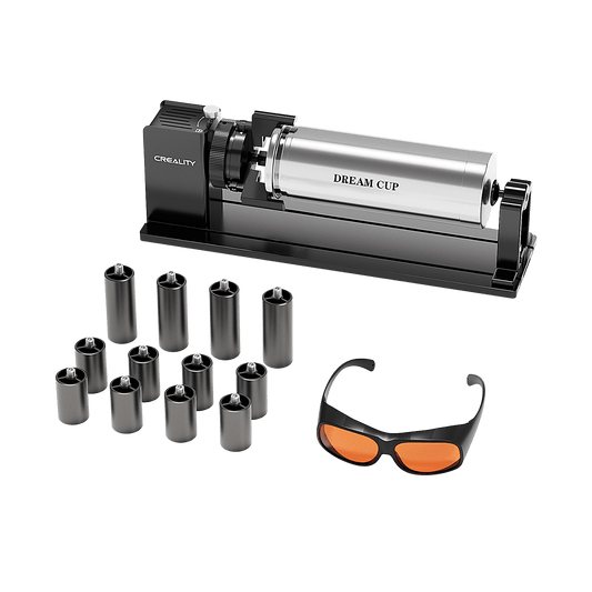 The Rotary Kit Pro Package for Creality Falcon A1 by CrealityFalcon features a metal cylindrical device on a CREALITY-branded black stand, ten metal sleeves, and orange safety glasses, all displayed in an image-frame with rounded borders. 1600
