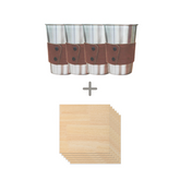 Four Creality Falcon 500ML stainless steel cups with leather covers (4-pack) sit above a plus sign, and below it, six rubberwood spliced plywood coasters rest on a white background.