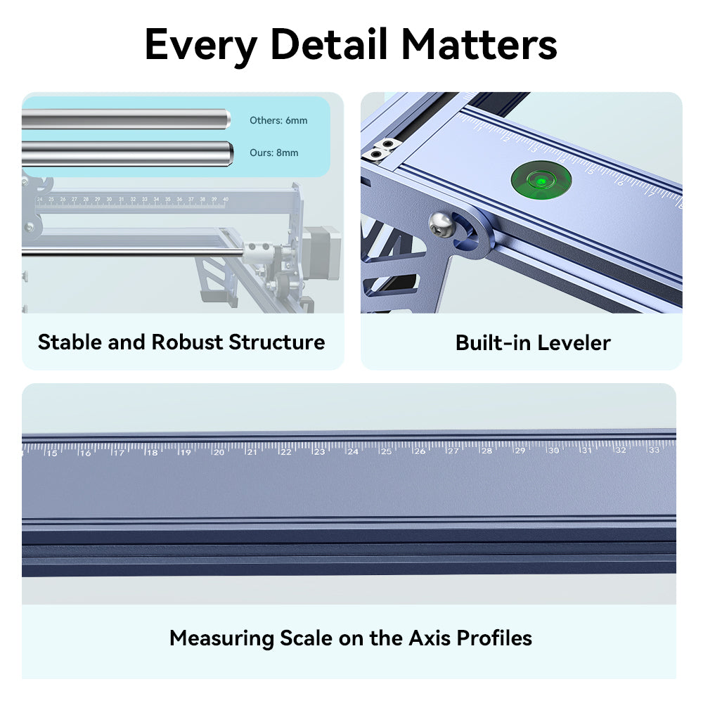 Three labeled images showcase features of the Creality Falcon CR 5W Diode Laser Engraver: sturdy metal frame comparison, built-in bubble level, and ultra-fine engraving precision ruler. Text reads "Every Detail Matters. Three labeled images showcase features of the Creality Falcon CR 5W Diode Laser Engraver: sturdy metal frame comparison, built-in bubble level, and ultra-fine engraving precision ruler. Text reads "Every Detail Matters.