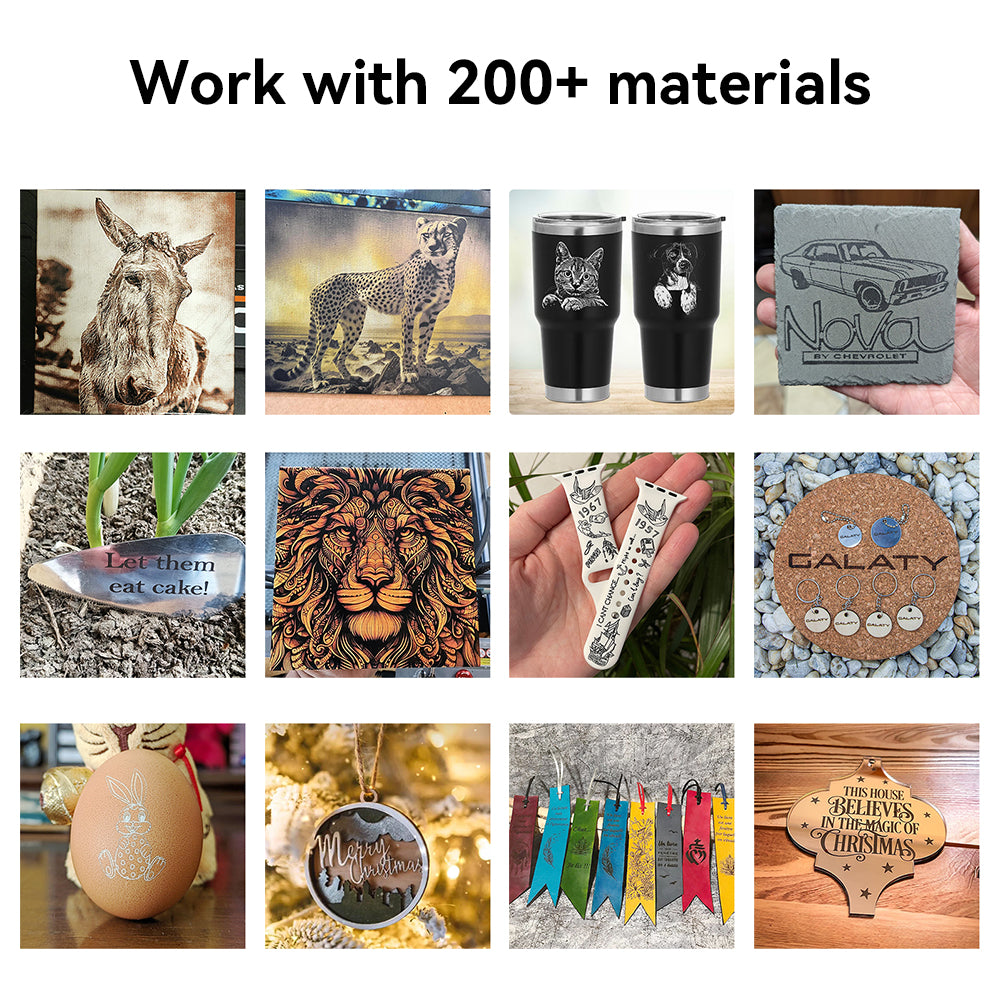A collage showcases engraved animal portraits, drinkware, ornaments, and leather crafts—demonstrating the Creality Falcon Falcon CR 5W Diode Laser Engraver’s ultra-fine precision on 200+ materials. A collage showcases engraved animal portraits, drinkware, ornaments, and leather crafts—demonstrating the Creality Falcon Falcon CR 5W Diode Laser Engraver’s ultra-fine precision on 200+ materials.
