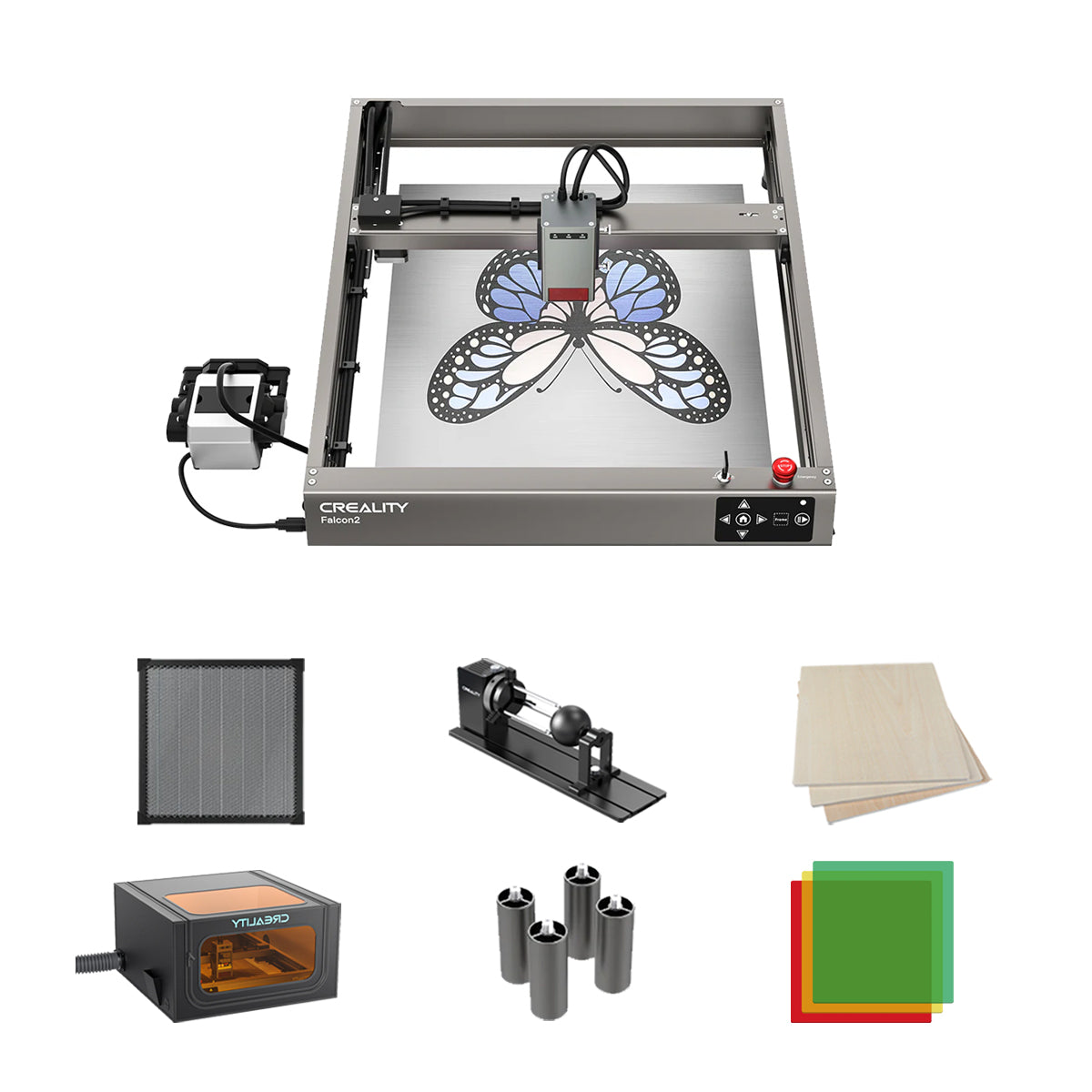 The Creality Falcon Falcon2 22W Diode Laser Engraver offers broad compatibility and comes with a rotary tool, air filter, wood sheets, lens covers, cylindrical parts, and square colored acrylic sheets for versatile engraving projects.
