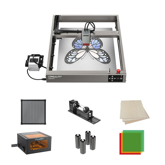The Creality Falcon Falcon2 22W Diode Laser Engraver offers broad compatibility and comes with a rotary tool, air filter, wood sheets, lens covers, cylindrical parts, and square colored acrylic sheets for versatile engraving projects.