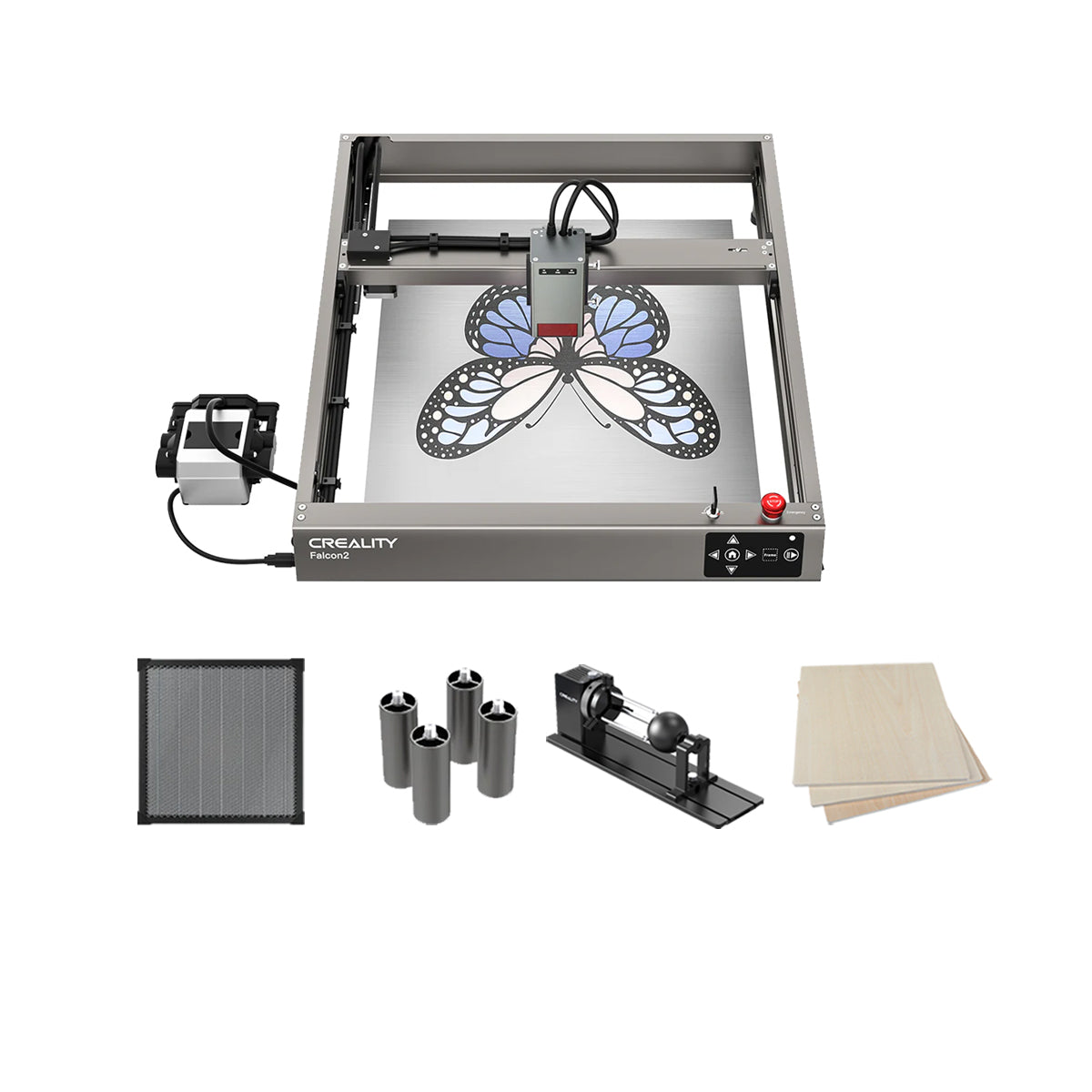 The Creality Falcon Falcon2 22W Diode Laser Engraver creates colorful butterfly engravings on metal plates and comes with a laser module, rotary attachment, filter, three metal cylinders, and two wooden boards for engraving.