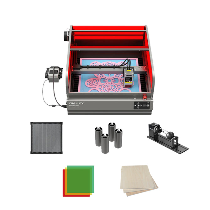 The Falcon2 Pro 40W and 22W Enclosed Laser Engraver and Cutter by Creality Falcon, featuring a striking red enclosure, is presented with its accessories: a metal grid, cylindrical metal fixtures, colored acrylic sheets, wooden sheets, and a rotary tool for working on cylindrical objects. This Class 1 Safety device provides optimal visual assistance during use. The Falcon2 Pro 40W and 22W Enclosed Laser Engraver and Cutter by Creality Falcon, featuring a striking red enclosure, is presented with its accessories: a metal grid, cylindrical metal fixtures, colored acrylic sheets, wooden sheets, and a rotary tool for working on cylindrical objects. This Class 1 Safety device provides optimal visual assistance during use.