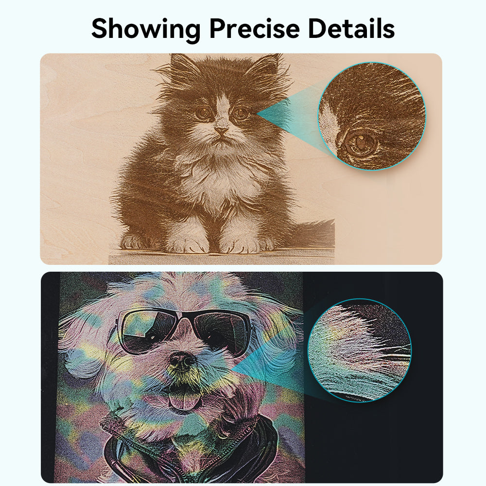 Two images display the Creality Falcon CR 10W Diode Laser Engraver's precise detailing: the top shows a kitten’s eye close-up, while the bottom features a dog with sunglasses and a zoom of its fur. Text reads “Showing Precise Details.”. Two images display the Creality Falcon CR 10W Diode Laser Engraver's precise detailing: the top shows a kitten’s eye close-up, while the bottom features a dog with sunglasses and a zoom of its fur. Text reads “Showing Precise Details.”.