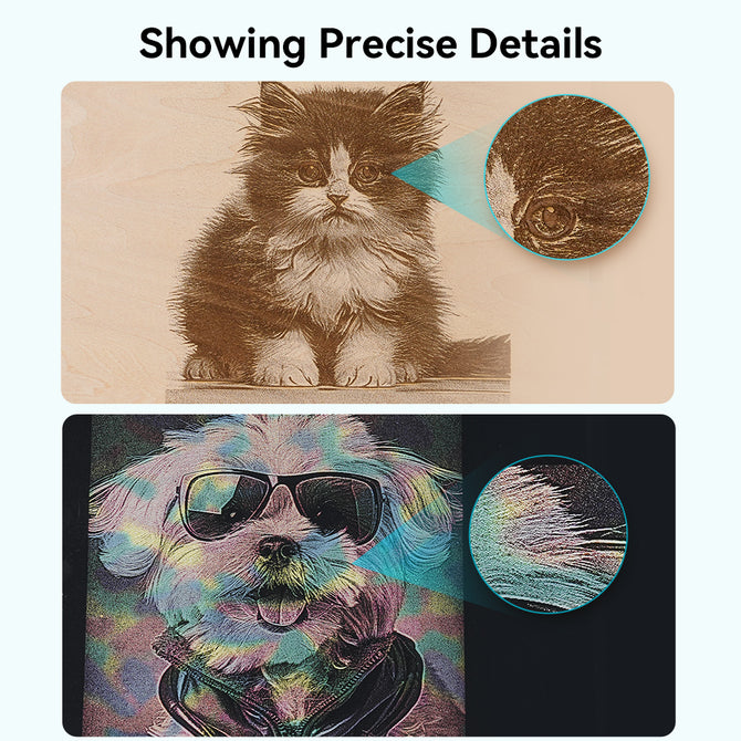 Two images display the Creality Falcon CR 10W Diode Laser Engraver's precise detailing: the top shows a kitten’s eye close-up, while the bottom features a dog with sunglasses and a zoom of its fur. Text reads “Showing Precise Details.”. Two images display the Creality Falcon CR 10W Diode Laser Engraver's precise detailing: the top shows a kitten’s eye close-up, while the bottom features a dog with sunglasses and a zoom of its fur. Text reads “Showing Precise Details.”.